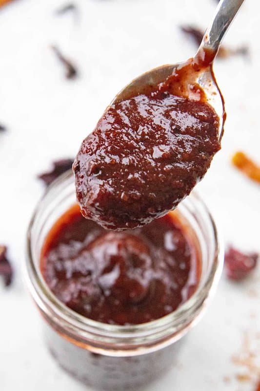 Sweet and spicy Chamoy Sauce on a spoon